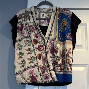 Anthropologie Cream Floral Patchwork V-Neck Blouse with Black Panels